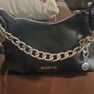 Madden NYC Black Shoulder Bag with Chain Accent